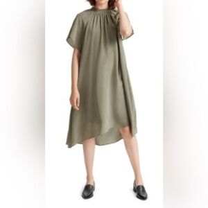 Club Monaco Olive Green Flutter Sleeve Silk Dress summer outfit  tie neck